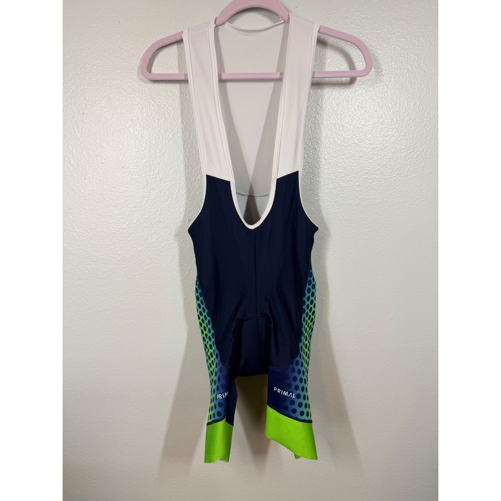 Primal Cycling Bib Shorts Womens M Navy Blue Green It Herds So Good Hex Pattern